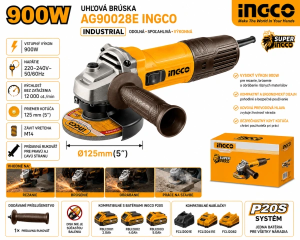Uhlová brúska INGCO AG90028E INDUSTRIAL 900 W 125 mm 1
