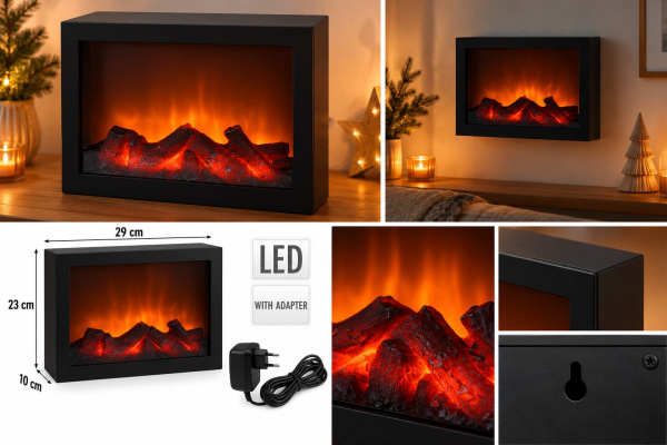 LED dekoratívny krb 29 × 23 × 10 cm / efekt plameňa / čierny / s adaptérom 1