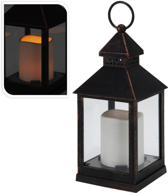 Lampáš svietnik s LED sviečkou 10x10x23,5 cm plast/sklo medený efekt