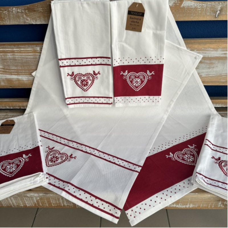 Utierka kuchynská bavlnená tlačená s výšivkou SRDCE, červená, 2ks 50x70cm
