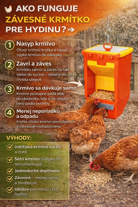Závesné krmítko pre hydinu 3 l plastové na sypké krmivo s násypkou a krytkou 1