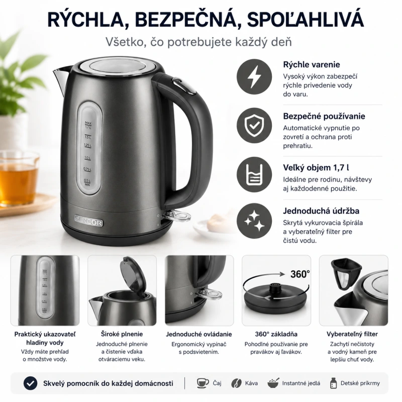 Rýchlovarná kanvica SENCOR SWK 1778BK 1,7 l 2150 W nerezová 1