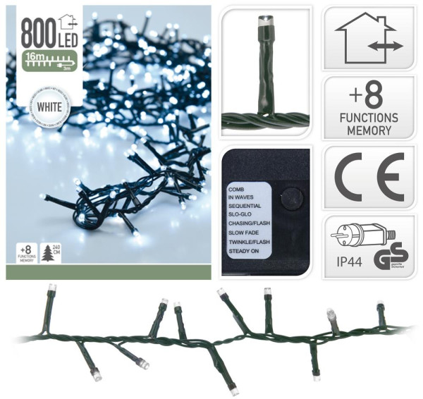 Svetlo vianočné 800 LED studené biele, s funkciami, 16 m, na 240 cm stromček, vonkajšie/vnútorné