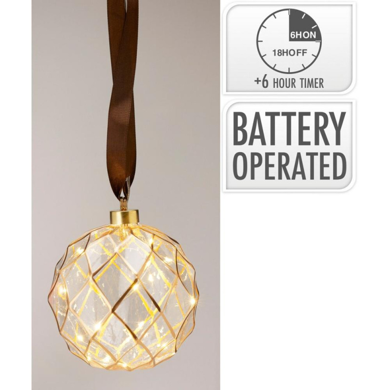 Ozdoba závesná guľa LED 14cm s časovačom, batérie zlatá