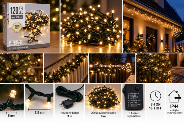 Vianočná svetelná reťaz 120 LED / teplá biela / 9 m / časovač / IP44 1
