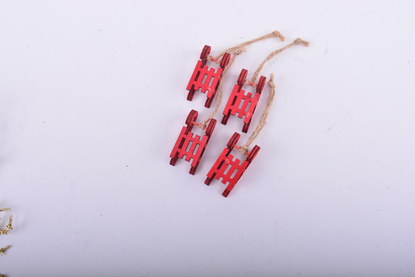 Ozdoba závesná sánky 12x2x1,8 cm sada 4 ks drevo červené