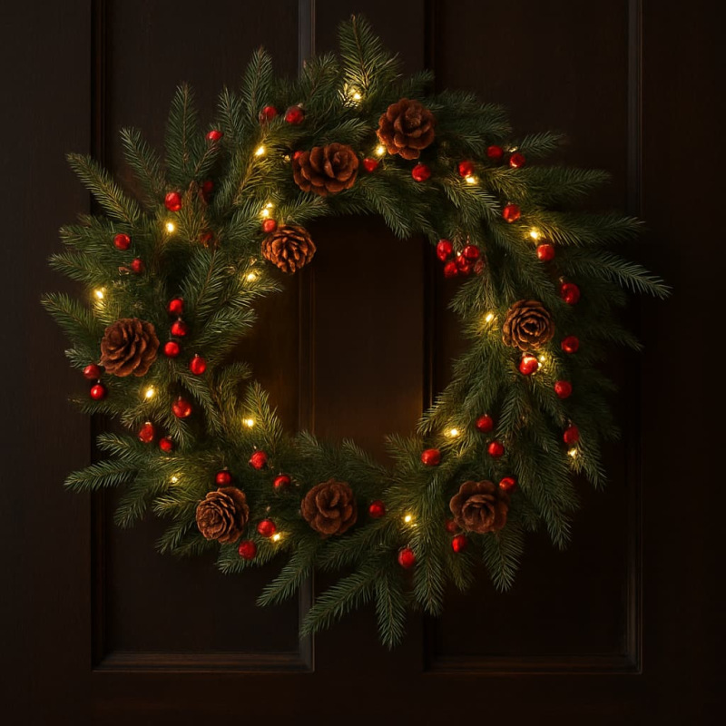 Prírodný vianočný veniec 56×56×10 cm – čečina, šišky, červené bobule 1