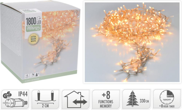 Svetlo vianočné 1800 LED extra teplé biele, transparent, 36 m, s časovačom, s funkciami, na 360 cm s