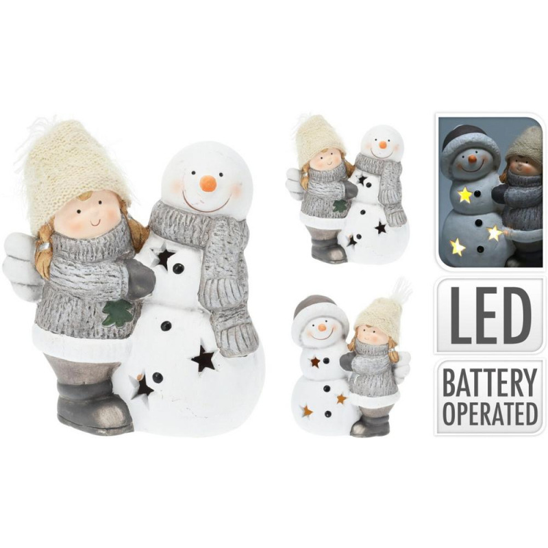 Postavička anjel so snehuliakom LED 17 cm mix