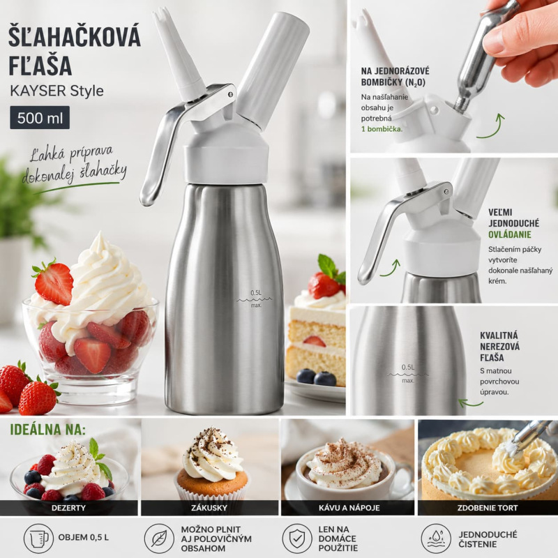 Šľahačková fľaša KAYSER Style 500 ml nerezová na N₂O bombičky 1