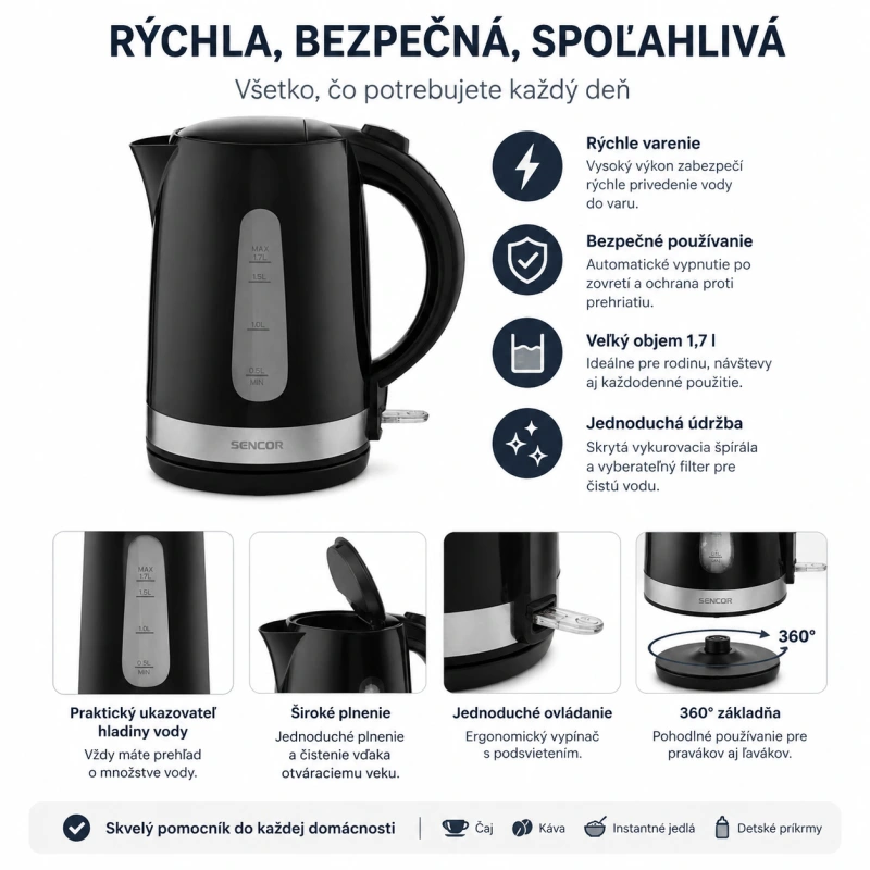 Rýchlovarná kanvica SENCOR SWK 1749BK 1,7 l 2200 W čierna 1