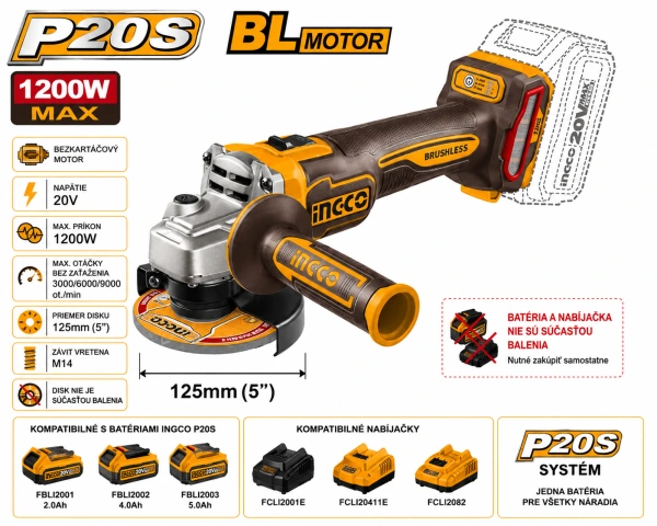 AKU bezkefková uhlová brúska INGCO CAGLI221253 125 mm 1