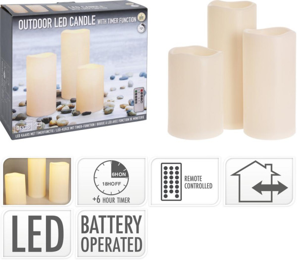 Sviečka LED s blikajúcim plamienkom 10x15/20/25 cm sada 3 ks s časovačom, s diaľkovým ovládaním, bat