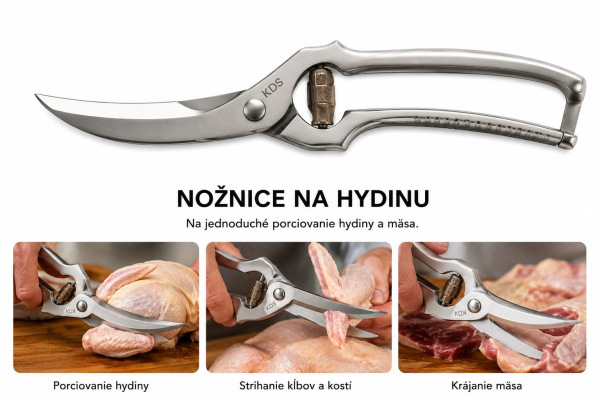 Nožnice na hydinu KDS nerezové 25,5 cm – čepeľ 8 cm, protišmyková rukoväť 1