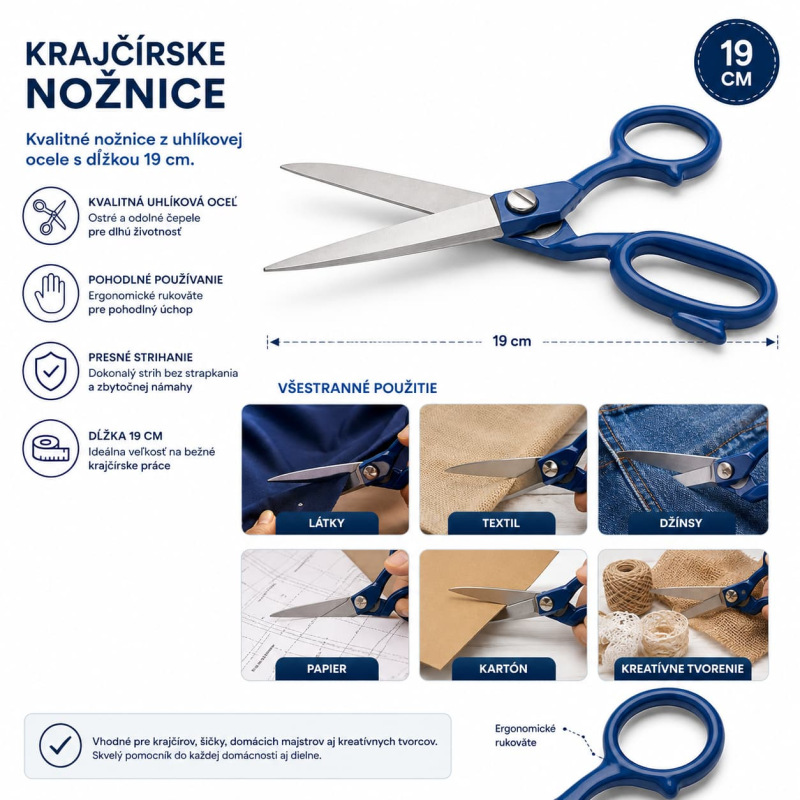 Krajčírske nožnice 19 cm z uhlíkovej ocele – na látku a textil 1