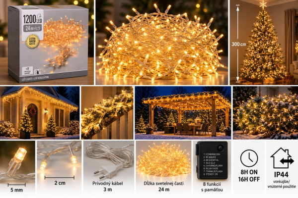 Vianočná svetelná reťaz 1200 LED / extra teplá biela / transparentný kábel / 24 m /časovač 1
