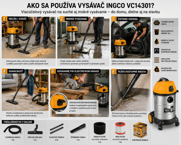 Viacúčelový vysávač INGCO VC14301 1400 W 30 l nerezový – mokré a suché vysávanie 4