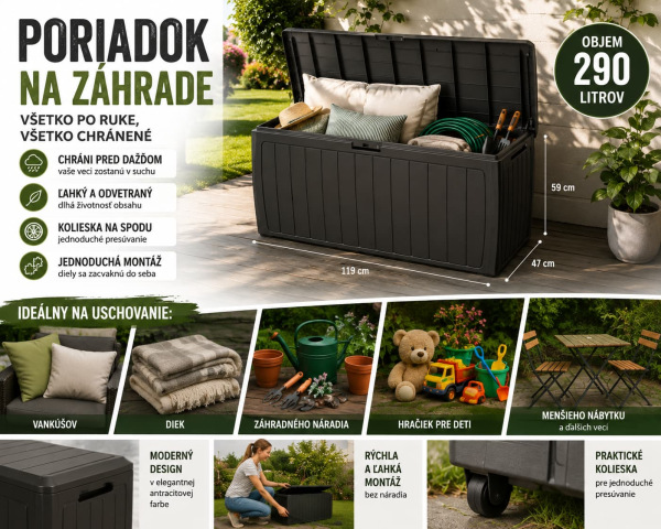 Záhradný úložný box 290 l antracit – plastový s kolieskami 1
