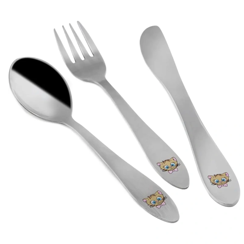 Detský príbor KOCÚRY – nerezový 3-dielny set pre deti s farebným motívom 1