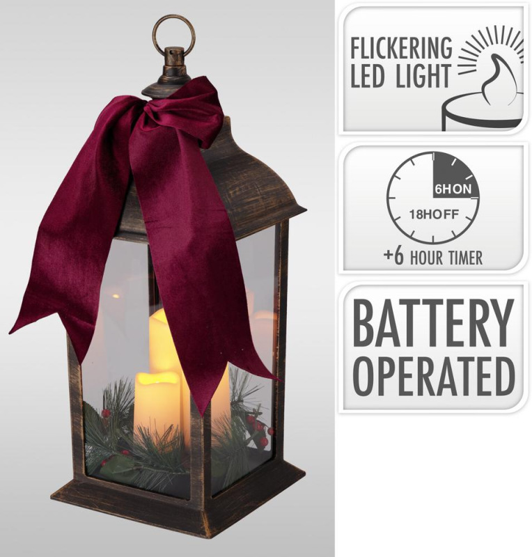 Lampáš svietnik s LED sviečkami 49 cm s časovačom plast/sklo medený efekt