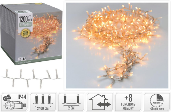 Svetlo vianočné 1200 LED extra teplé biele, transparent, 24 m, s časovačom, s funkciami, na 300 cm s