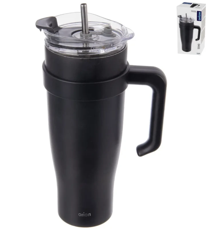 Hrnček TERMO pohár nerez/UH+slamka 1,2 l čierna 1