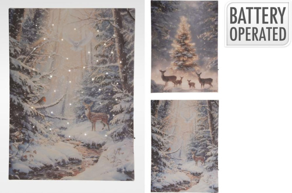 Obraz vianočný 28x38 cm s LED osvetlením zasnežená krajina mix