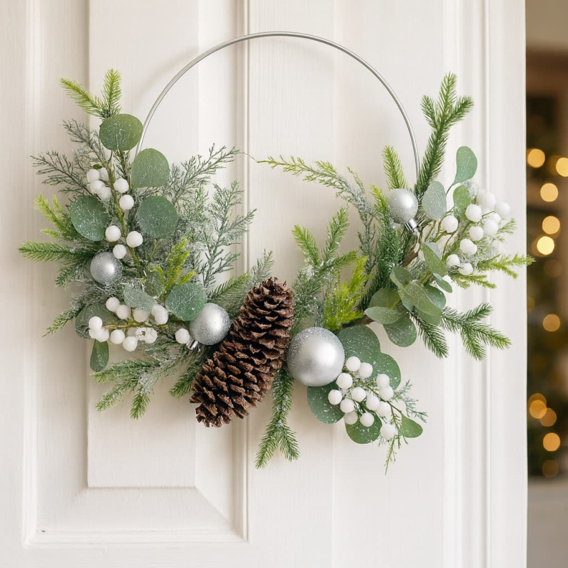 Vianočný veniec 45 cm – dekorovaný veniec s čečinou, šiškami a bielymi bobuľami 1