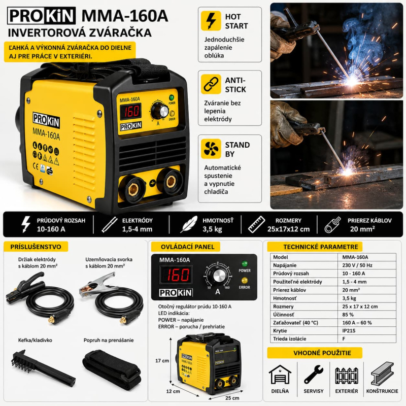 Invertorová zváračka PROKIN KLC MMA-160A – 10–160 A, elektródy 1,5–4 mm, HOT START 1