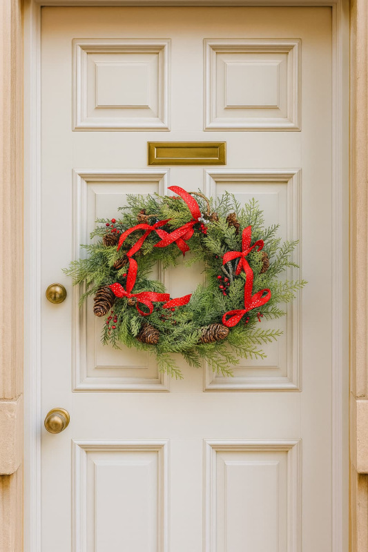 Vianočný veniec dekorovaný – plastový veniec s textilnými mašľami 1