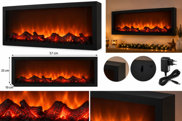 LED dekoratívny krb 57 × 25 × 10 cm / efekt plameňa / čierny / s adaptérom 1