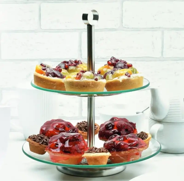 Sklenený podnos na koláče – 2-poschodová etažérka 20/25 cm s kovovou rúčkou 2