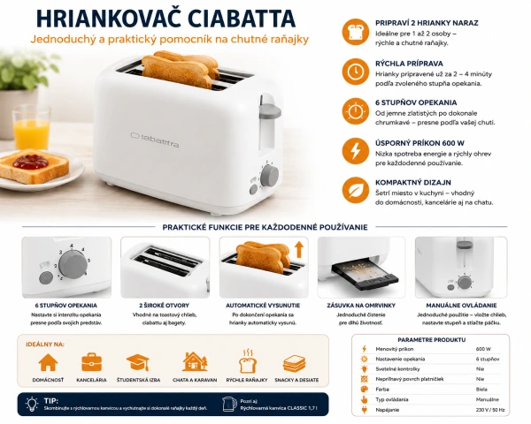 Hriankovač CIABATTA 600 W biely 6 stupňov opekania 2