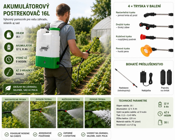 AKU postrekovač 16 l na chrbát – 12 V, 8 Ah, výdrž až 9 hodín, 4 trysky 1