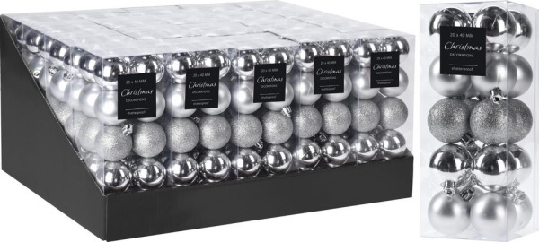 Ozdoba závesná guľa 4 cm sada 20 ks plast strieborná