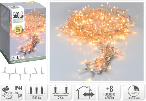Svetlo vianočné 560 LED extra teplé biele, transparent, 11 m, s funkciami, na 180 cm stromček, s čas