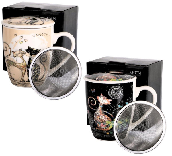 Hrnček porcelán 360ml MAČKY s kovovým sitkom a vrchnákom