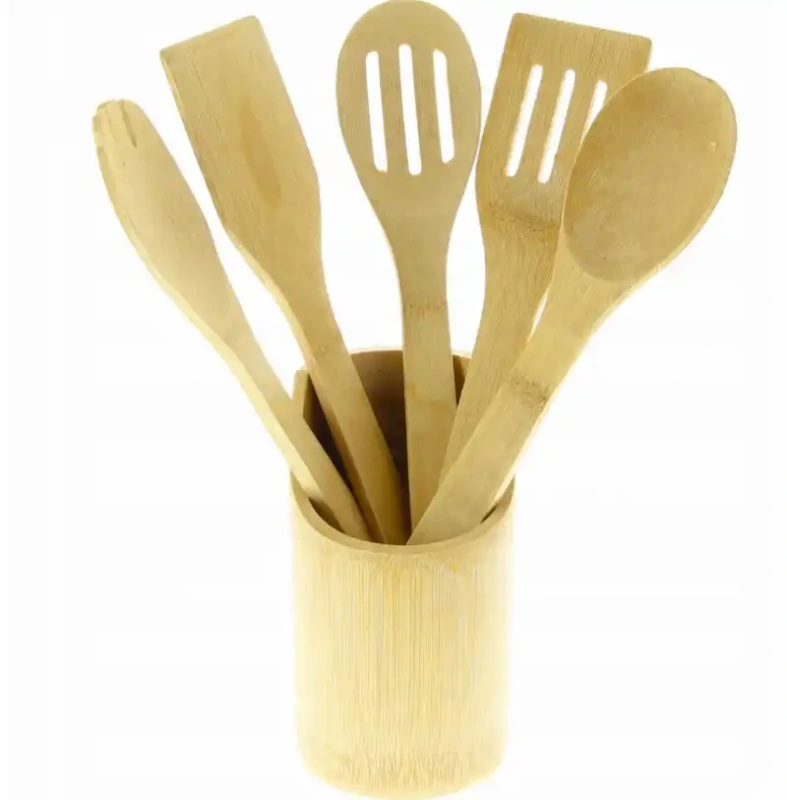 Bambusové kuchynské náradie 5 ks v stojane – varešky a obracačky v podstavci 1