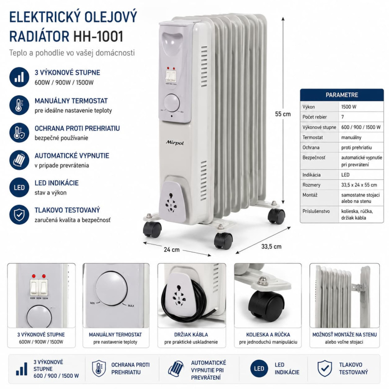Elektrický olejový radiátor HH-1001 1500 W – 7 rebier, 3 stupne, termostat 1