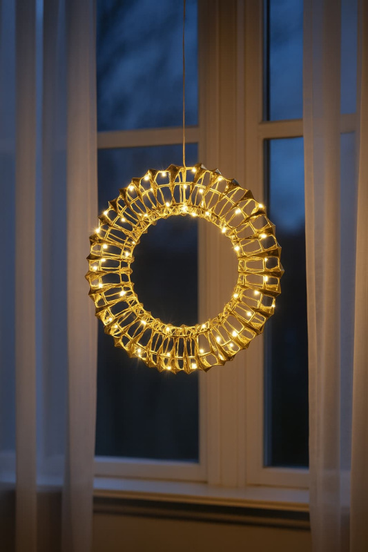 Závesná vianočná ozdoba – veniec 30 cm, 50 LED, zlatý, časovač 6/18 h, teplé biele svetlo 1