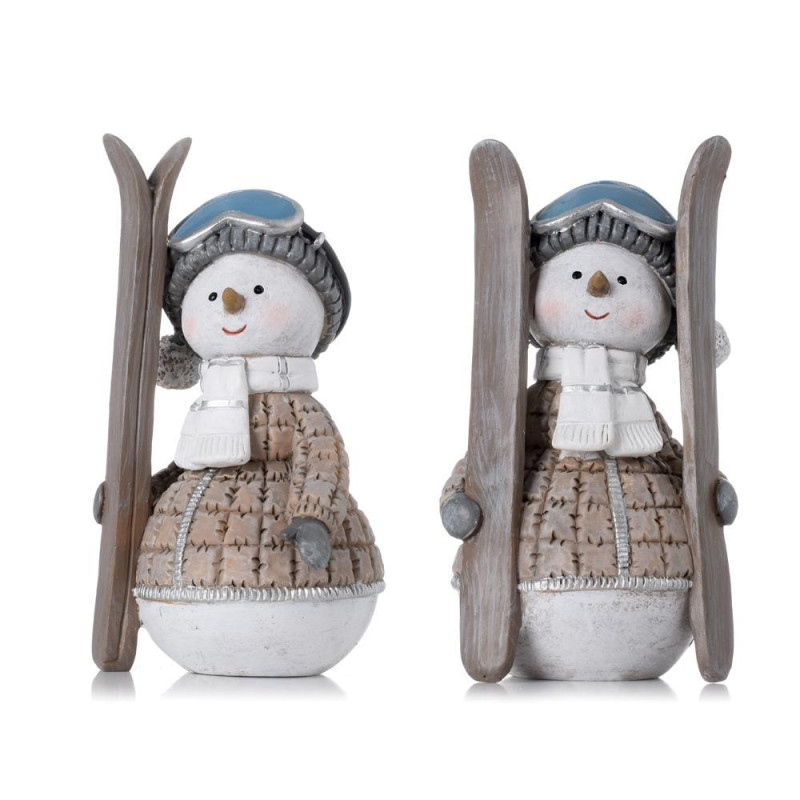 Postavička snehuliak s lyžami 6,5x7x14cm polyrezín mix