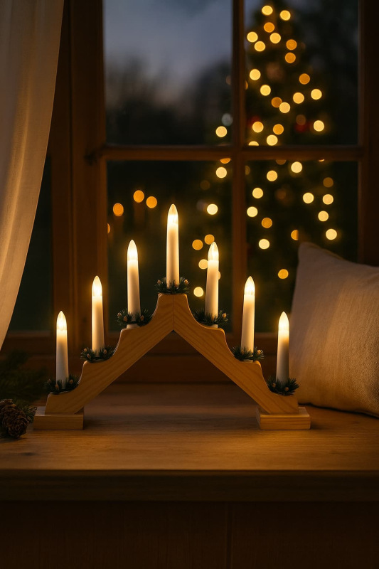 Svietnik vianočný 7 LED sviečok 39,5x5x31 cm, s časovačom, drevo 1