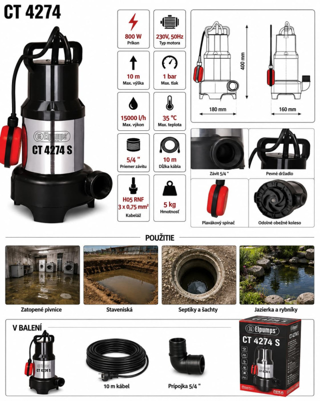 Kalové čerpadlo Elpumps CT 4274 800 W – 15 000 l/h, výtlak 10 m, nerezové 1