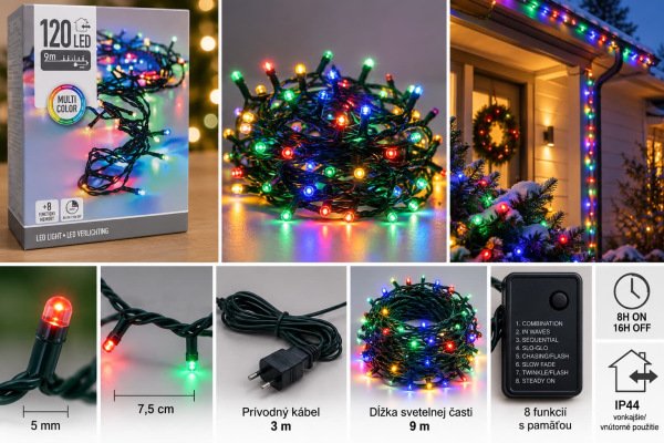 Vianočná svetelná reťaz 120 LED / farebná / 9 m / časovač / 8 funkcií / IP44 1