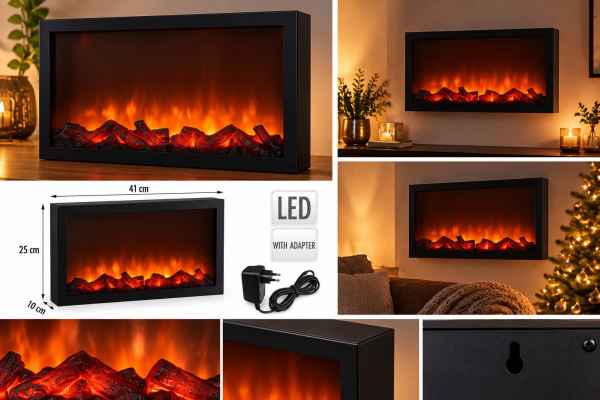 LED dekoratívny krb 41 × 25 × 10 cm / efekt plameňa / čierny / s adaptérom 1