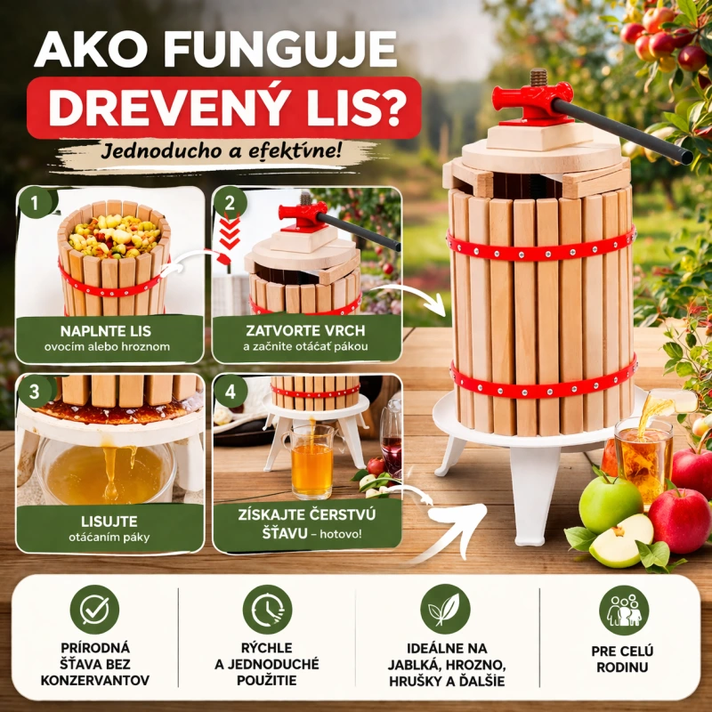 Lis na ovocie 30 l drevený s kovovým podstavcom ručný na mušt a víno Skveler KLC 2