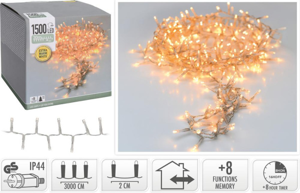Svetlo vianočné 1500 LED extra teplé biele, transparent, 30 m , s časovačom, s funkciami, na 330 cm