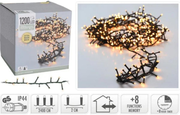 Svetlo vianočné 1200 LED extra teplé biele, s časovačom, s funkciami, na 300 cm stromček, vonkajšie/