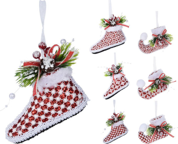 Ozdoba závesná topánka 11,5 cm polyfoam/polyester červeno-biela mix