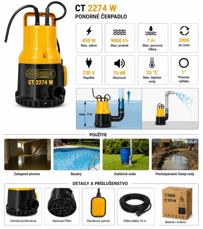 Ponorné čerpadlo 450 W – 9000 l/h, ponorná hĺbka 7 m, 230 V 1